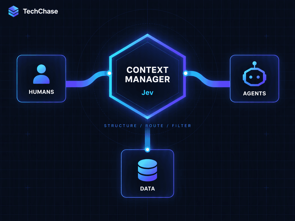 Jev als Context Manager: ein zentrales Modul, das Menschen, Agenten und Datenbanken bedient